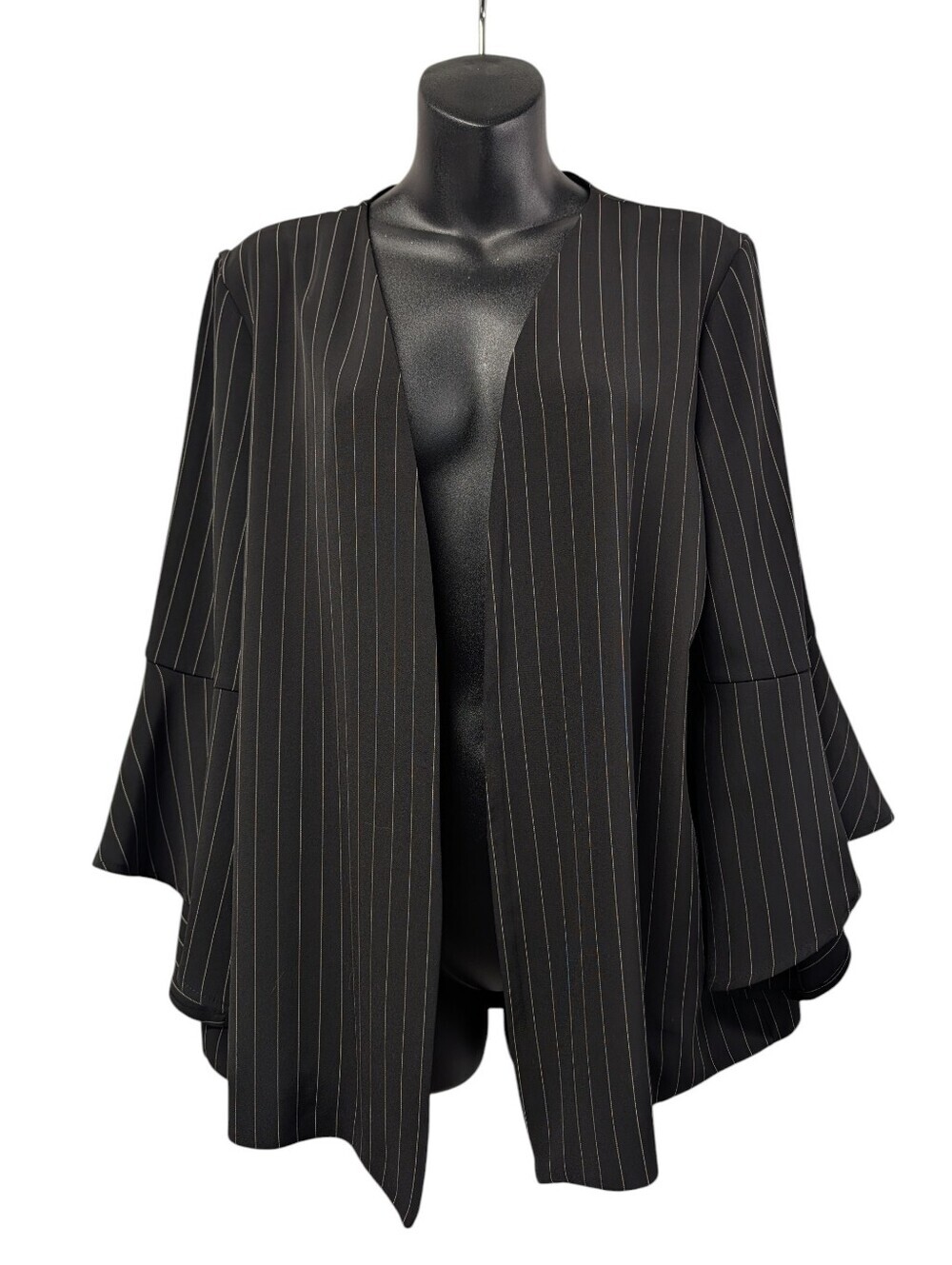 Roz & Ali Large Black White Pinstripe Open Front Bell Sleeve Jacket Blazer